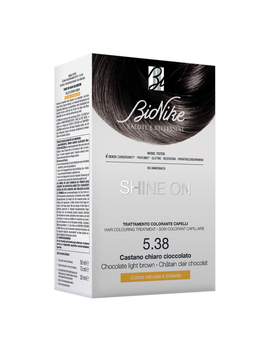 BioNike Shine On castano chiaro cioccolato - Tintura permanente per capelli bionike, 50+75 ml